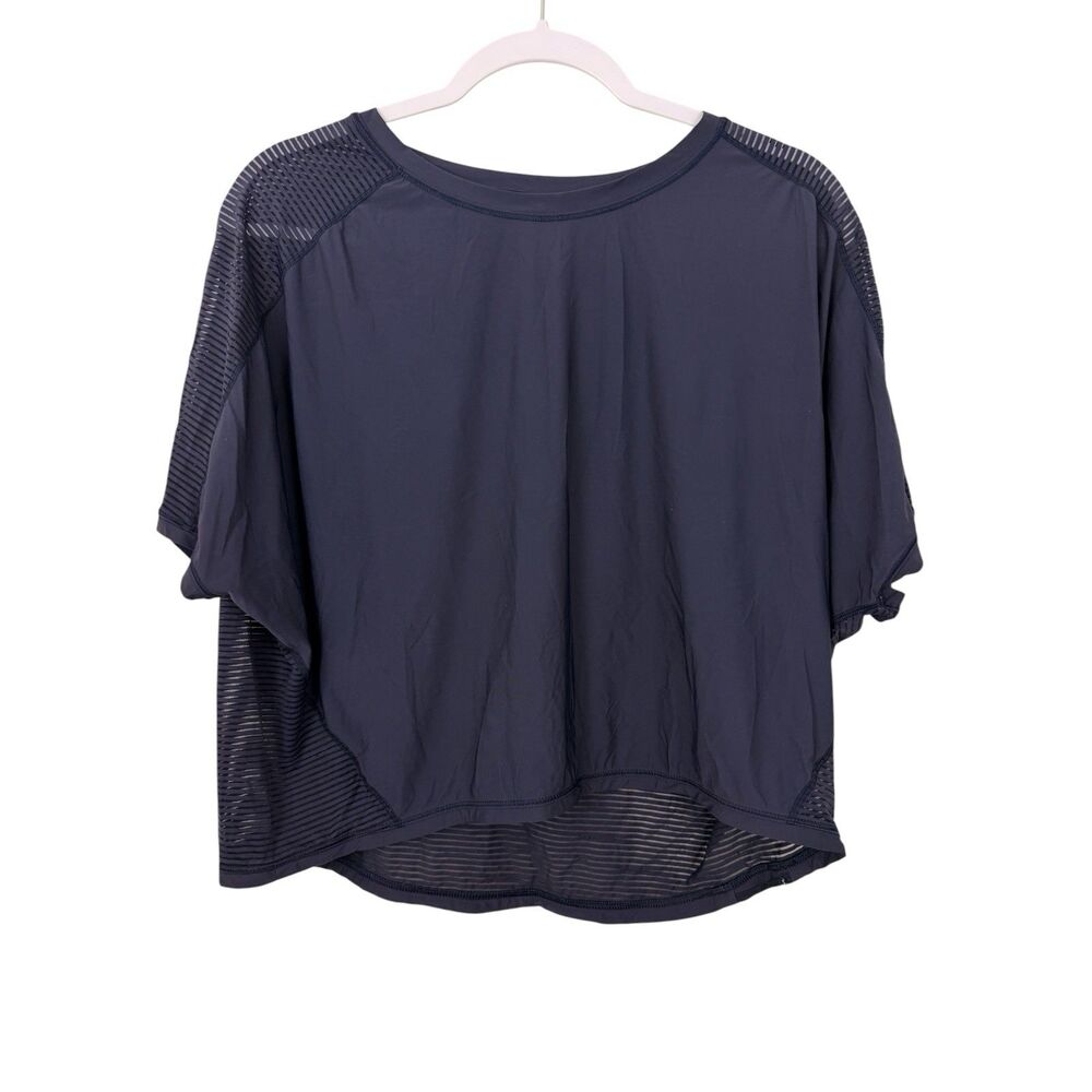 Lululemon Lean In Short Sleeve Womens Sz 4 Navy Blue Athletic Shirt Sheer Back